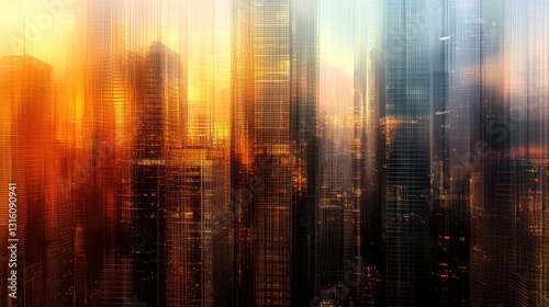 Abstract city skyline at sunset  blurred effect.
