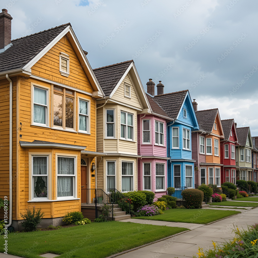 Colorful row of houses with vibrant facades under the cloudy sky, representing residential neighborhood and suburban living. Colorful row of houses with vibrant facades under the cloudy sky, representing residential neighborhood and suburban living.