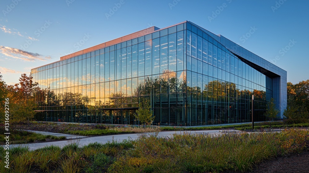 Fototapeta premium Modern glass office building at sunset. (3)