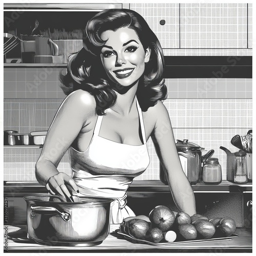 A classic retro fashion sketch engraving of a woman mixing a salad in the kitchen, surrounded by fresh vegetables, is generated using modern AI illustration techniques and presented as a black and