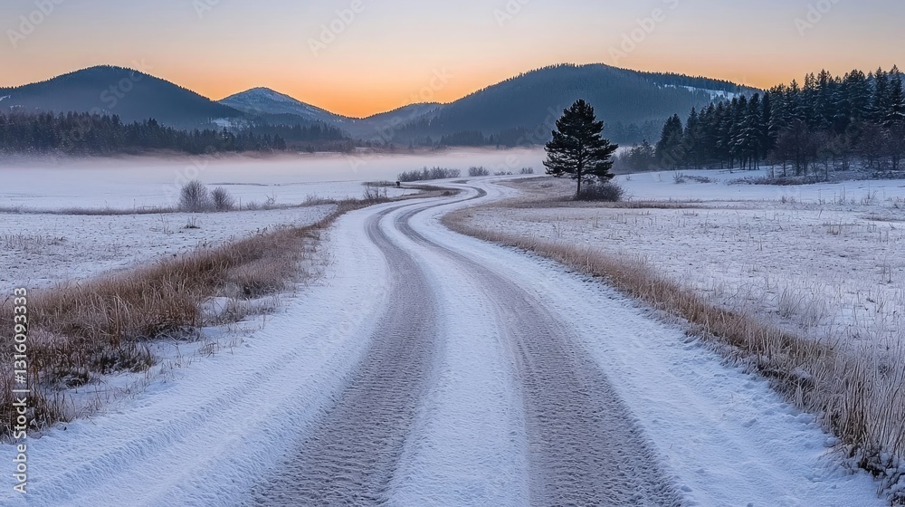Curving Snow-Covered Road Through a Tranquil Winter Landscape at Sunrise with Mountains and Fog in the Background Curving Snow-Covered Road Through a Tranquil Winter Landscape at Sunrise with Mountains and Fog in the Background