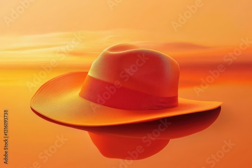 A stylish orange fedora hat floating against a warm sunset backdrop