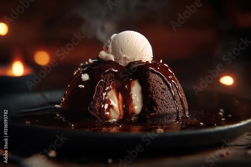 Warm lava cake sliced open, revealing molten chocolate, ice cream melting on top.
