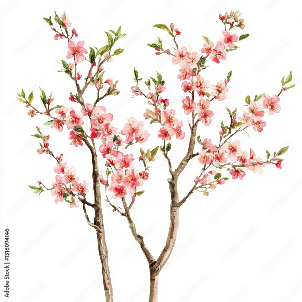 Painting of two trees with pink blossoms. The trees are in the foreground and the background is white Painting of two trees with pink blossoms. The trees are in the foreground and the background is white