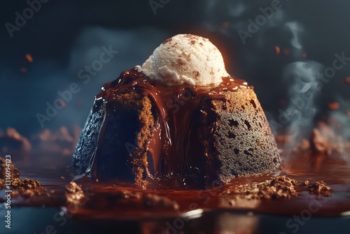 Warm lava cake sliced open, revealing molten chocolate, ice cream melting on top.