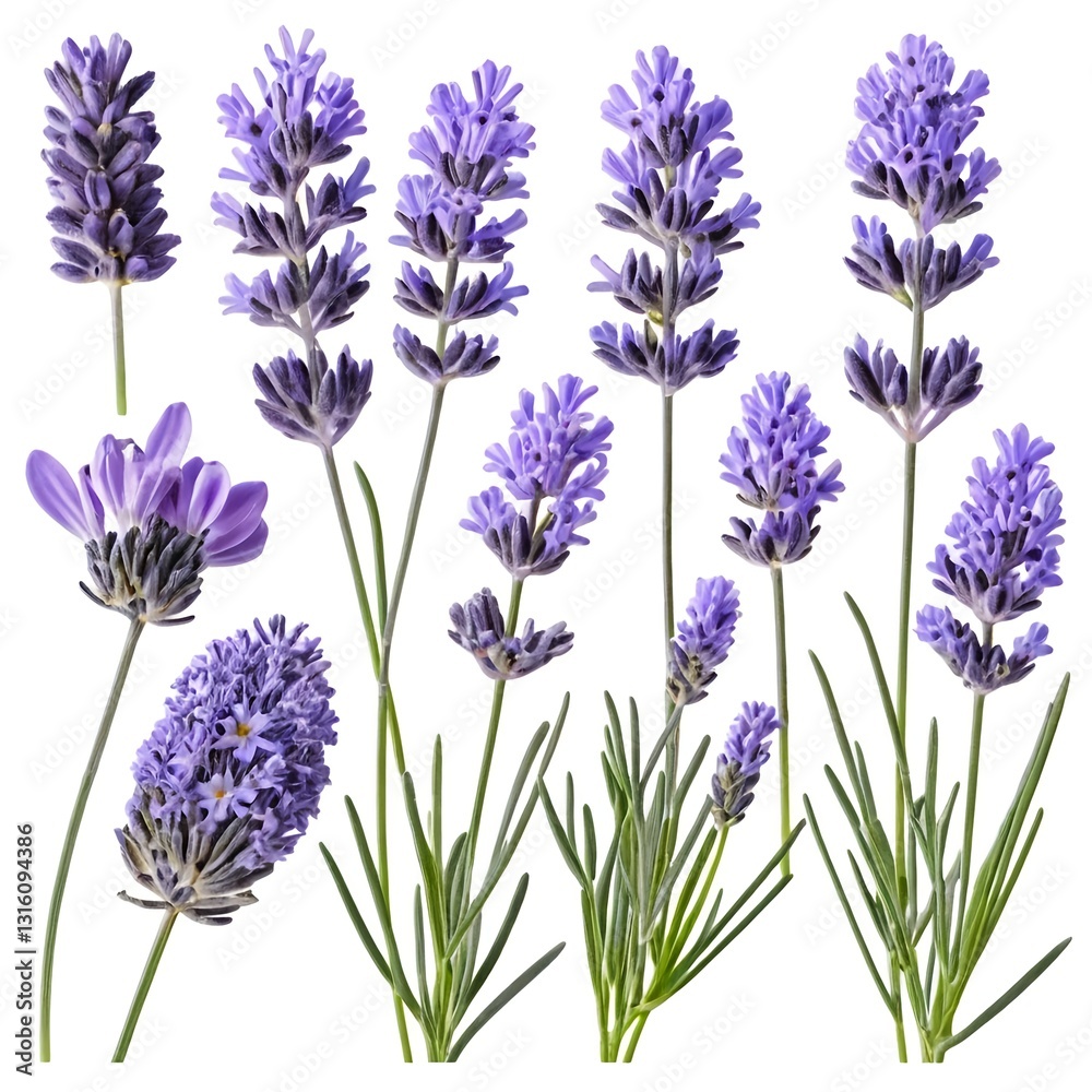 Fototapeta premium Lavender Flowers Collection Isolated Purple Blooms and Stems