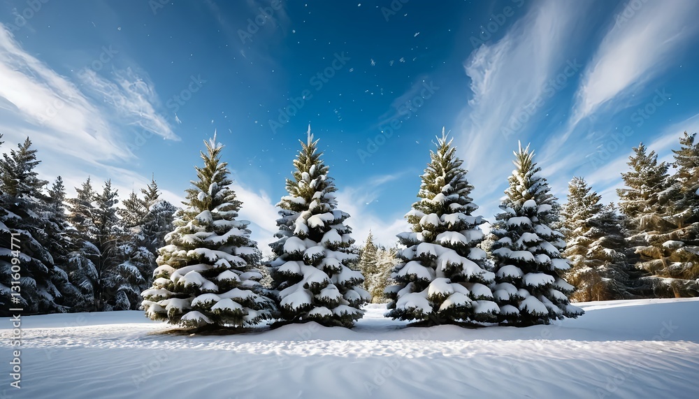 Obraz premium Three Snow-Covered Evergreen Trees in Winter Wonderland