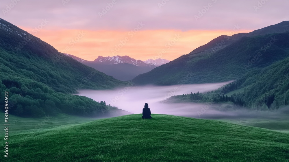 Naklejka premium Serene Sunrise Contemplation in Misty Mountain Valley