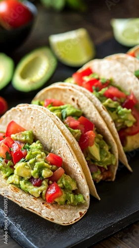 Freshly made tacos with guacamole, tomatoes, and lime slices on a black serving board