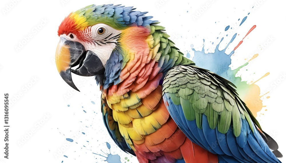 Fototapeta premium Colorful Macaw Parrot with Watercolor Splashes