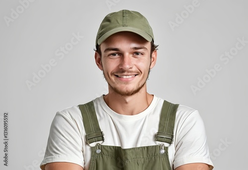 Happy Young Man in Overalls and Baseball Cap