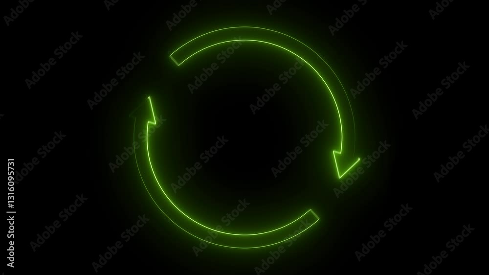 Glowing neon a circular arrow symbol with a neon or glowing effect against a black background.overall impression is clean, simple, and symbolic of processes like reloading, refreshing, or recycling.