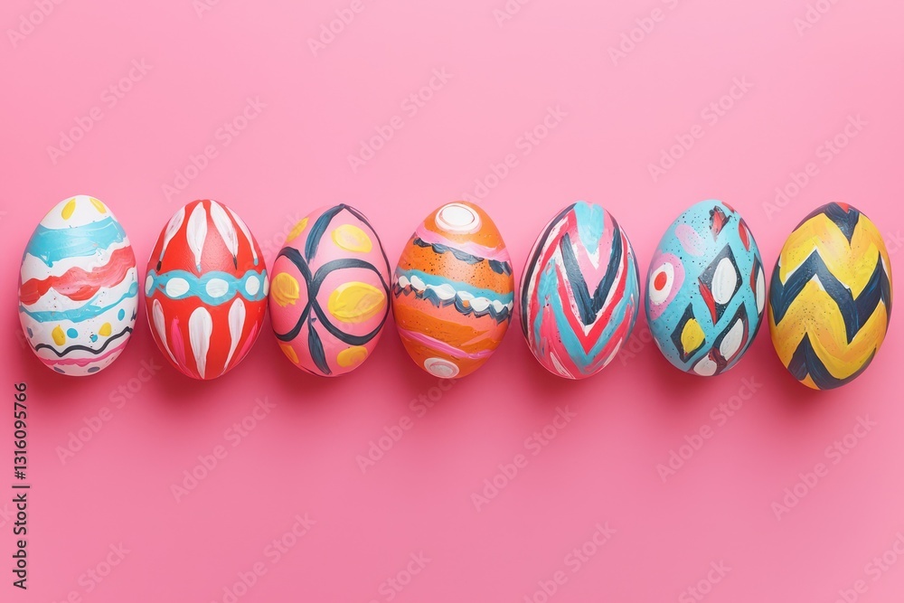 Fototapeta premium Vibrant line of decoratively painted Easter eggs on pink.