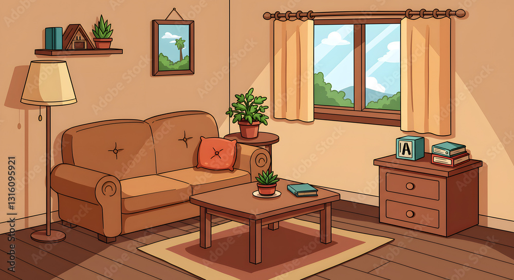 Fototapeta premium Cozy Cartoon Living Room Interior Illustration