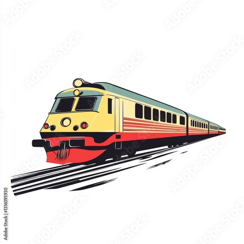 Train is traveling down the tracks with a yellow and red engine. The train is long and has many cars