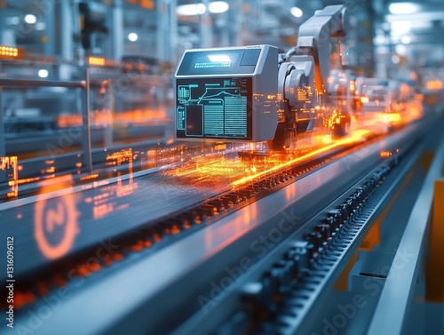 High-Speed Robotic Packaging Line with IoT Sensor Data Streams and Energy Consumption Graphs Floating Around Conveyor Belts