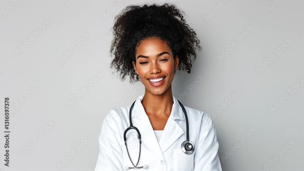 Female doctor smiling into the camera while speaking. Female doctor smiling into the camera while speaking.