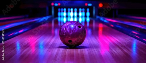Vibrant bowling alley scene showcasing a purple bowling ball on a neon lit lane ready for a strike in a game of sport and recreation photo