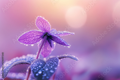 朝露に煌めく紫の花と幻想的な光の調和