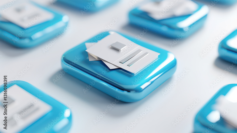 Fototapeta premium collection of blue digital document icons with white file representations, symbolizing data storage and organization. glossy 3D design adds modern touch