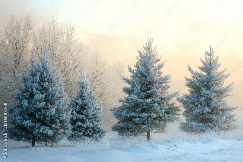 Winter harmony captured in a peaceful scene of frost-covered pine trees. Winter harmony captured in a peaceful scene of frost-covered pine trees.