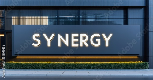 Minimalist steel billboard with synergy in obsidian and glowing white mounted at entrance of corporate headquarters designed for innovation