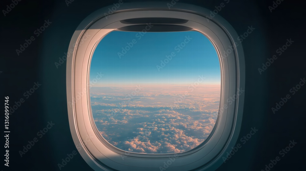 A transparent glass pane is featured in this vector illustration of an airplane window template that shows the outside and inside views. A transparent glass pane is featured in this vector illustration of an airplane window template that shows the outside and inside views.
