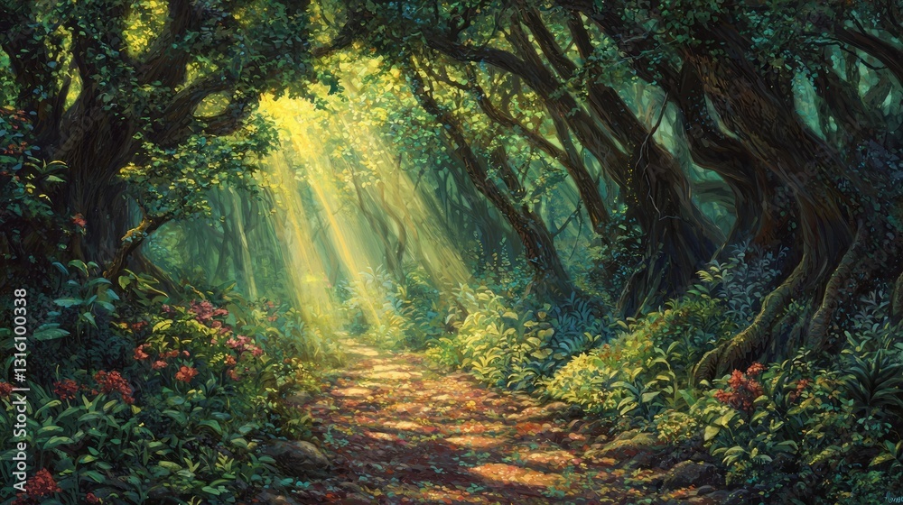 Obraz premium Sunbeams illuminate a magical forest path.