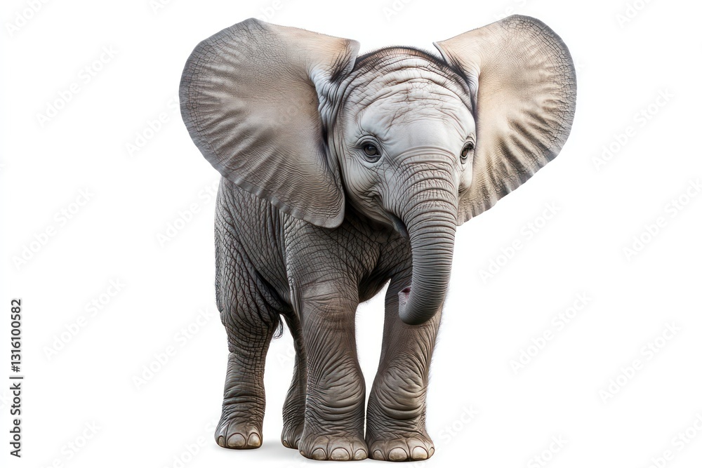 Fototapeta premium Young baby elephant with oversized ears, isolated on white.
