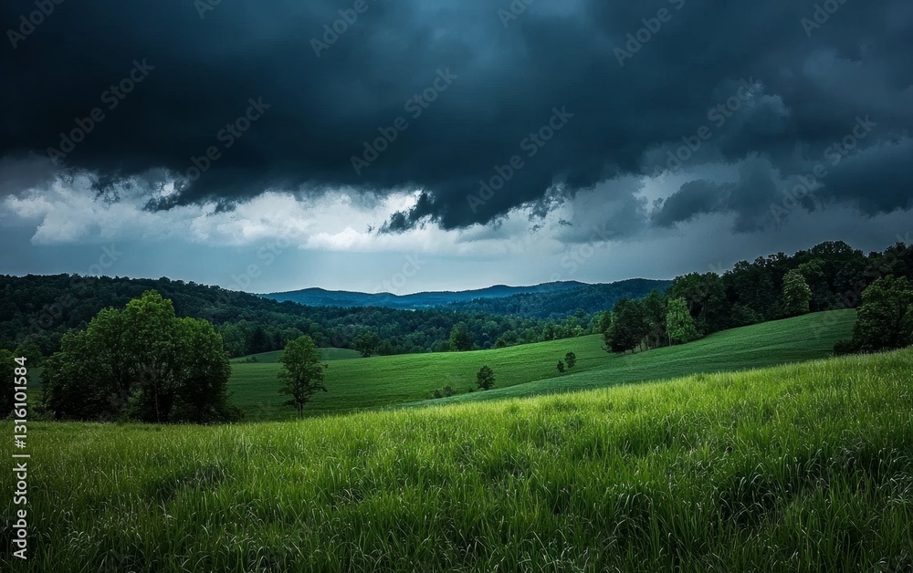 Dramatic storm clouds gather over lush green fields in a peaceful rural landscape Dramatic storm clouds gather over lush green fields in a peaceful rural landscape
