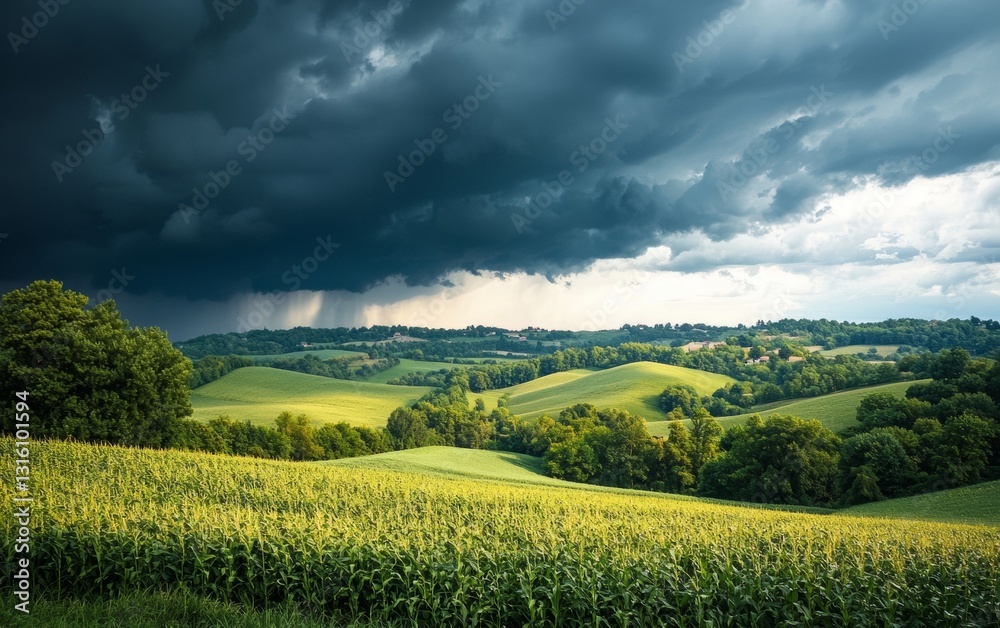 Obraz premium Dramatic clouds gather over rolling hills and cornfields on a summer afternoon