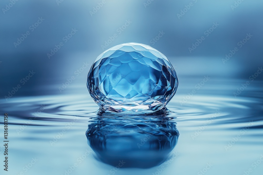 Captivating macro shot of a faceted crystal ball gently resting on serene water creating ripples and reflection with a soft blue background Captivating macro shot of a faceted crystal ball gently resting on serene water creating ripples and reflection with a soft blue background