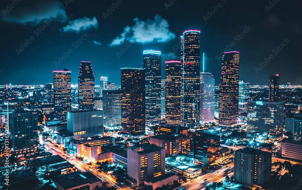 Obraz premium Vibrant night skyline of Houston, showcasing towering skyscrapers illuminated by colorful lights against a clear sky