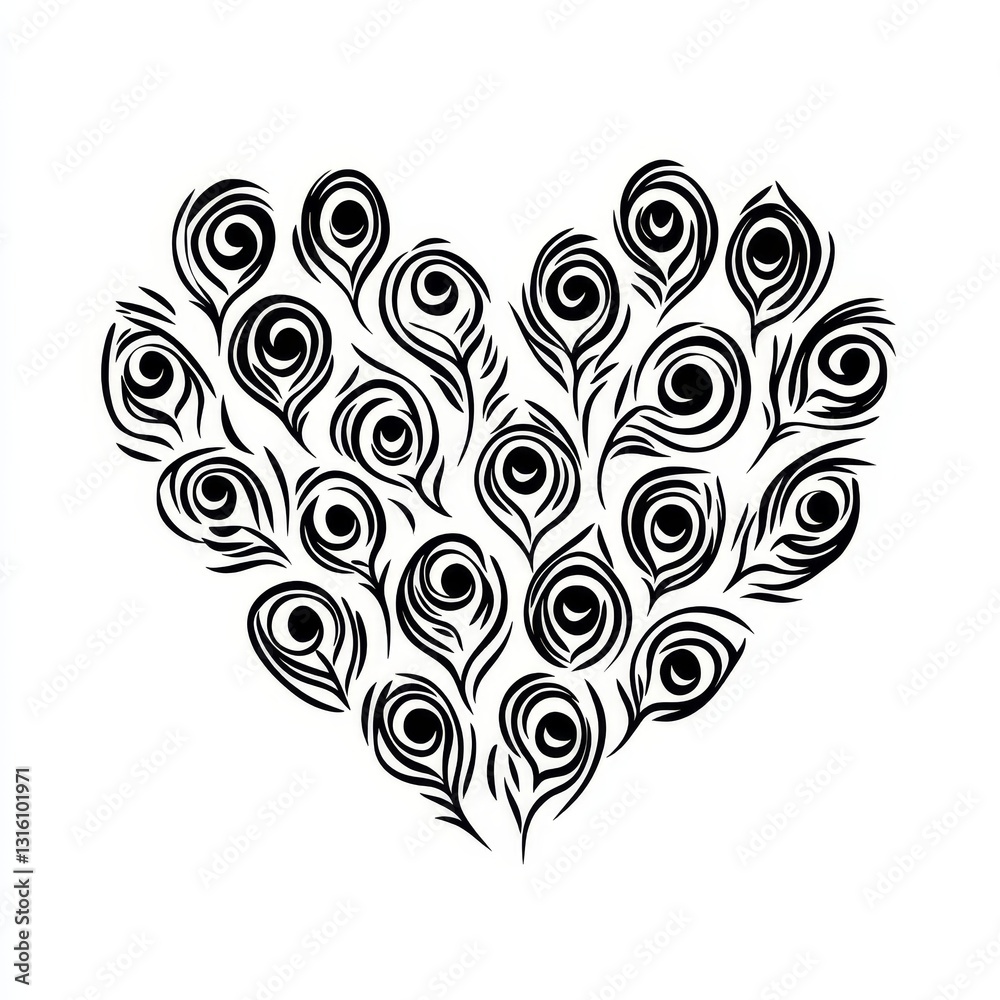 Peacock feathers are arranged in a heart shape in this Stock PNG illustration, which boasts detailed linework, swirling patterns, and a sketch engraving aesthetic, paired with a scratch board Peacock feathers are arranged in a heart shape in this Stock PNG illustration, which boasts detailed linework, swirling patterns, and a sketch engraving aesthetic, paired with a scratch board