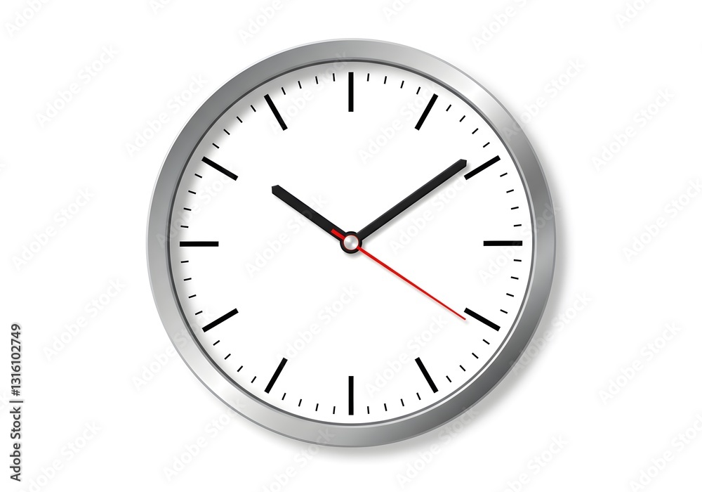 Silver Framed Wall Clock Showing Time on a White Background Silver Framed Wall Clock Showing Time on a White Background