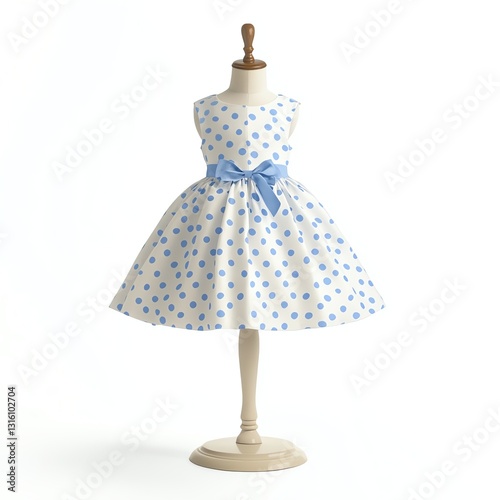 Cute polka dot dress displayed on a dress form, perfect for children's fashion.