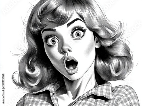 The illustration depicts a retro woman in a state of surprise and excitement, created using generative AI in a vintage style with a scratch board imitation, presented as a black and white PNG image