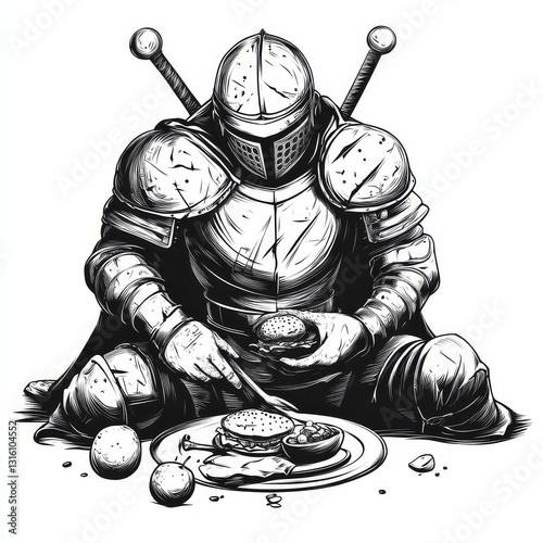 In a humorous and anachronistic scene, a medieval knight in full armor eats a large burger, combining historical and modern elements through a generative AI raster illustration that incorporates