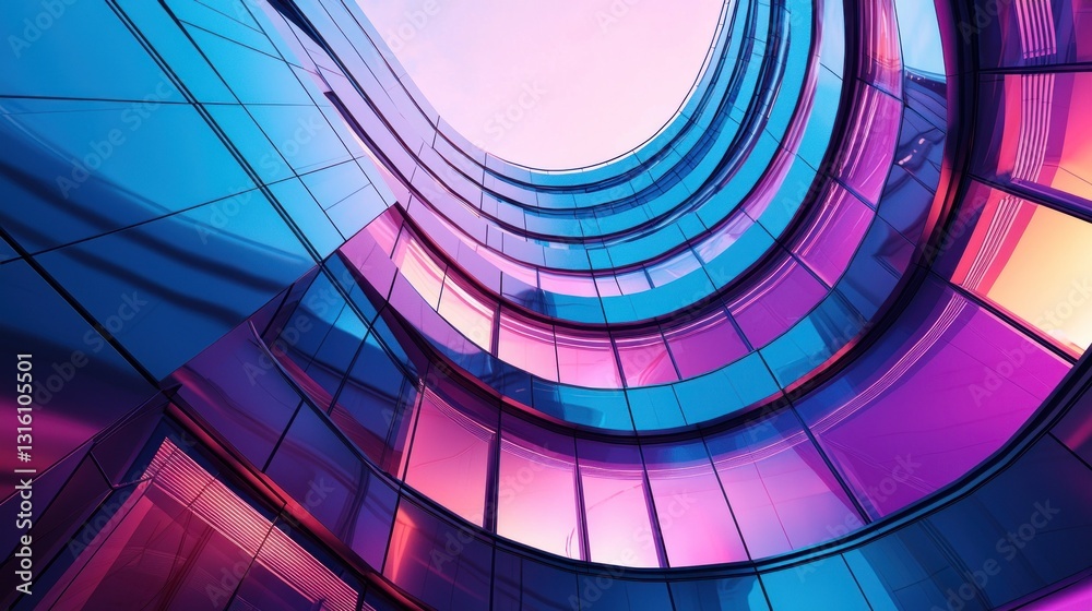 Naklejka premium Modern curved glass building facade at sunset.