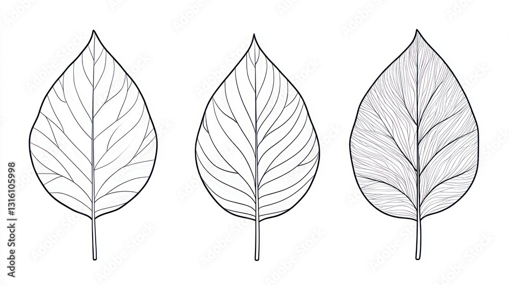 Obraz premium Three detailed line art leaves, nature, design, botanical illustration, white background, website graphic