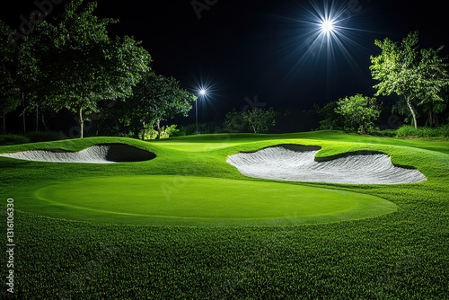 Serene golf course illuminated at night with vibrant green grass and sand traps under bright spotlights