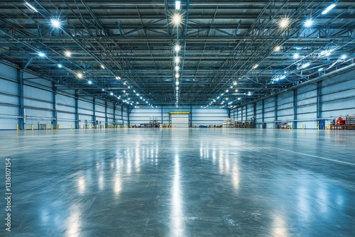 Spacious industrial warehouse interior with polished concrete floor and bright overhead lighting