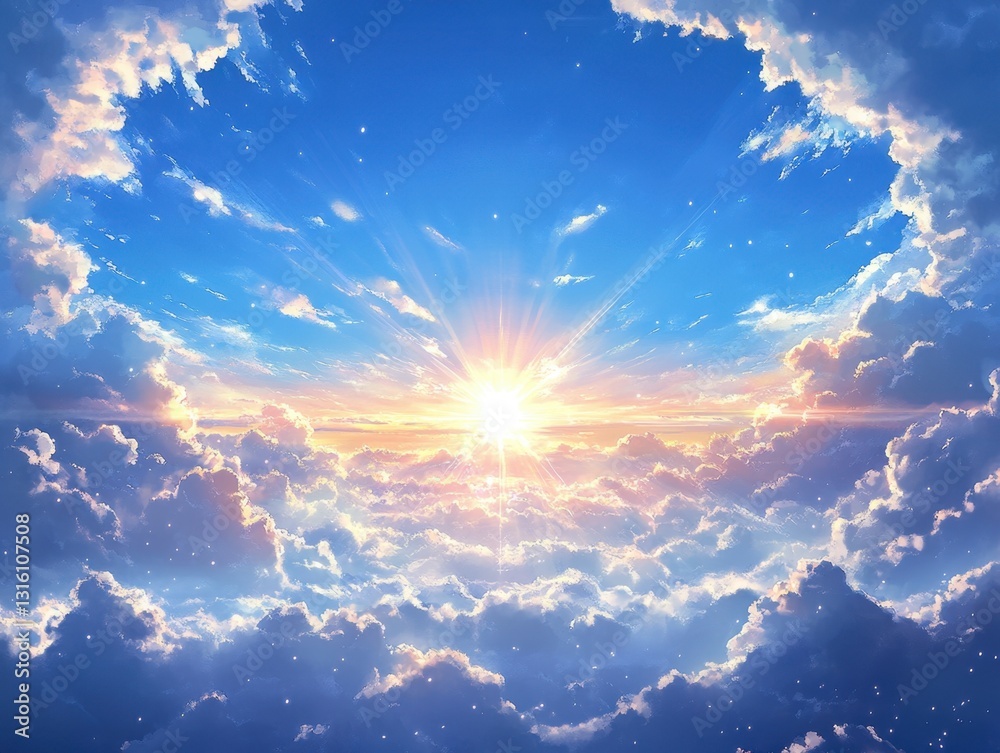 Fototapeta premium Radiant Sunlight Breaking Through Fluffy Clouds in a Dreamy Blue Sky Serene Horizon Above the Clouds