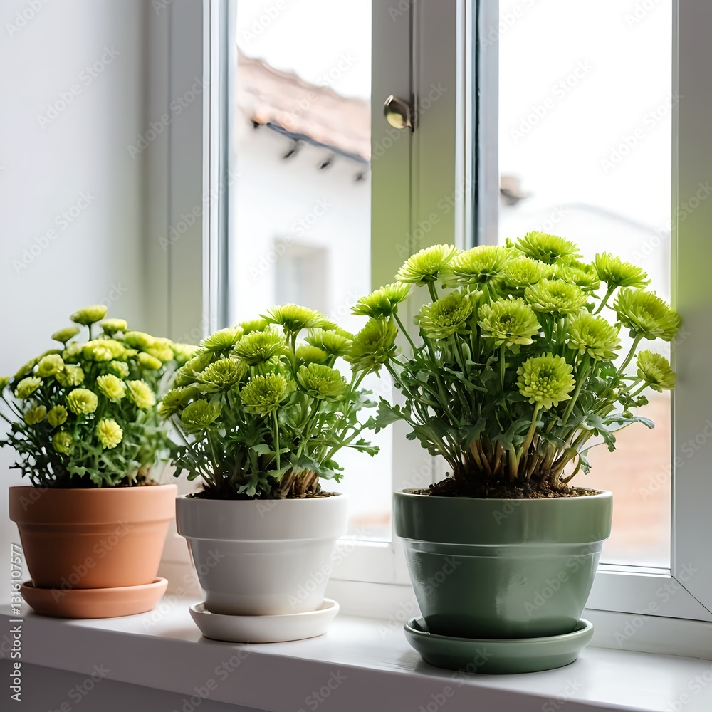Fototapeta premium Green Chrysanthemum Plants in Pots on Window Sill