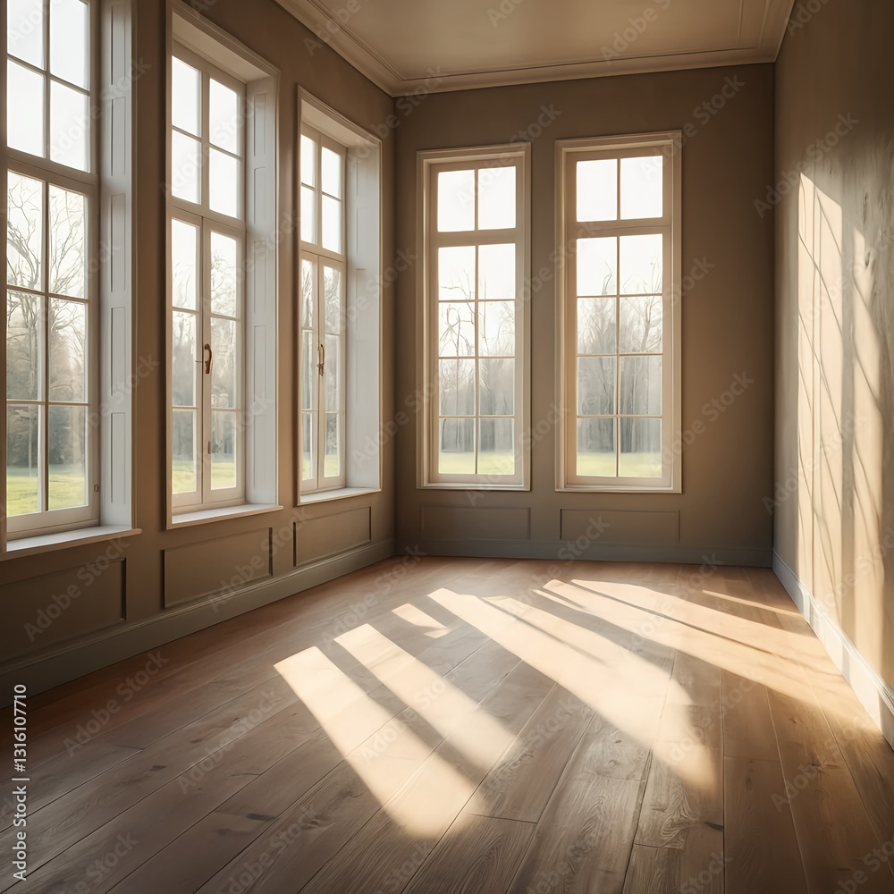 Fototapeta premium Sunlit Empty Room with Hardwood Floor and Large Windows