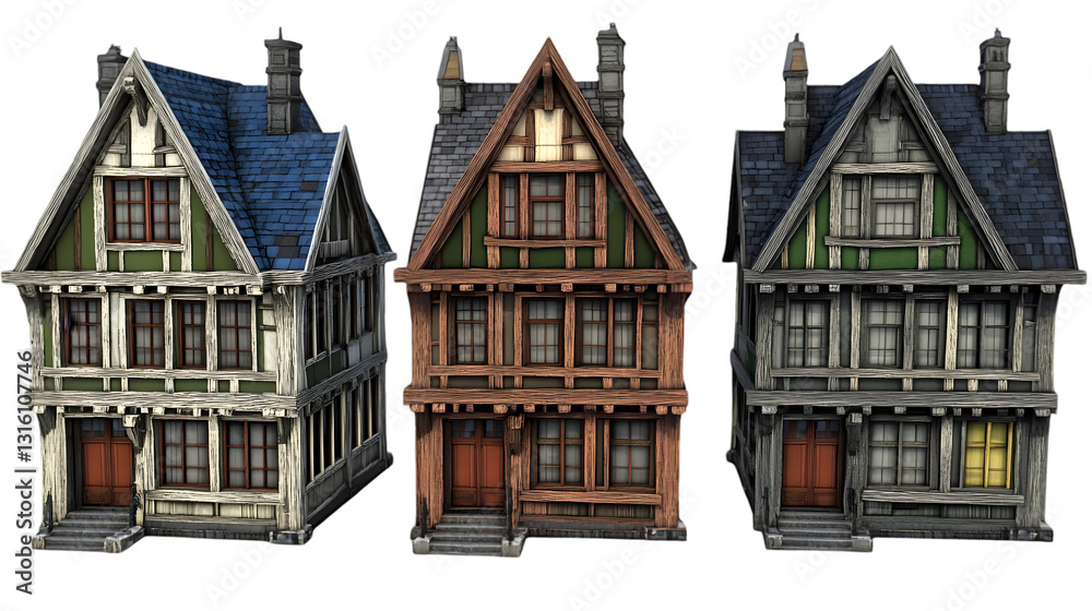 Fototapeta premium Three distinct houses showcasing unique architectural styles, colors, and designs against a clear background