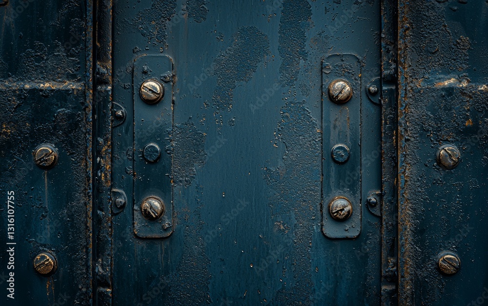 Fototapeta premium Weathered metal door with bolts and rust showcases the passage of time and neglect in an industrial setting