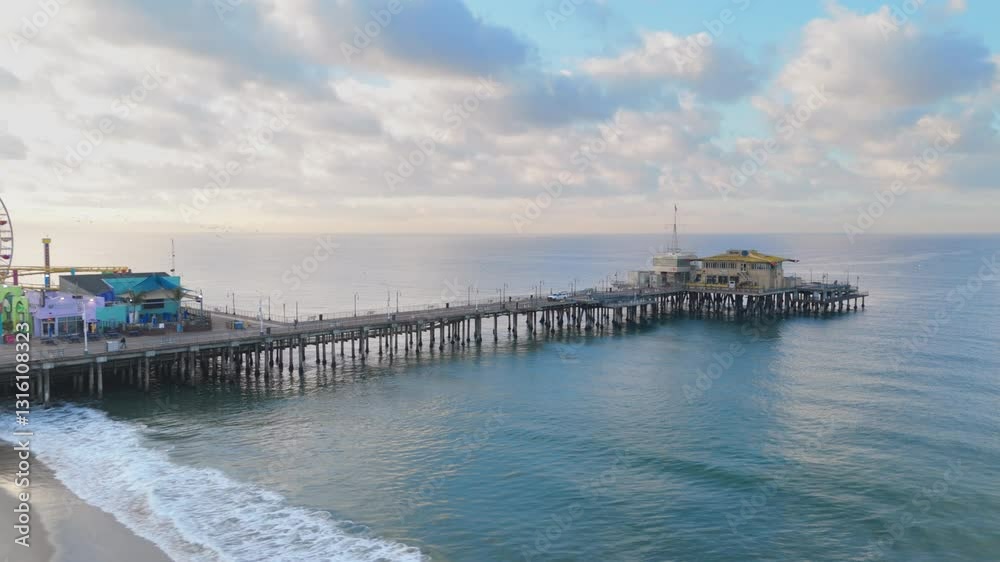 Santa Monica 12.14.2024. breathtaking morning aerial view of Santa Monica Pier, beautifully scenery of iconic rides as well as the peaceful and calm ocean waves that gently lap at the shoreline Santa Monica 12.14.2024. breathtaking morning aerial view of Santa Monica Pier, beautifully scenery of iconic rides as well as the peaceful and calm ocean waves that gently lap at the shoreline