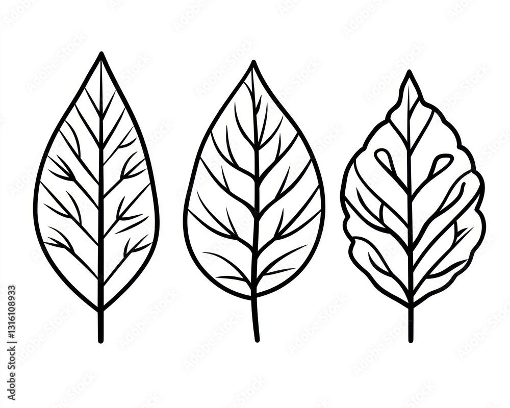 Obraz premium Three leaf line art illustrations, isolated, white background, design element