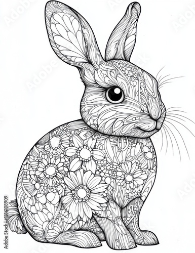 Elegant rabbit mandala coloring page for adults black and white art creative relaxation intricate design